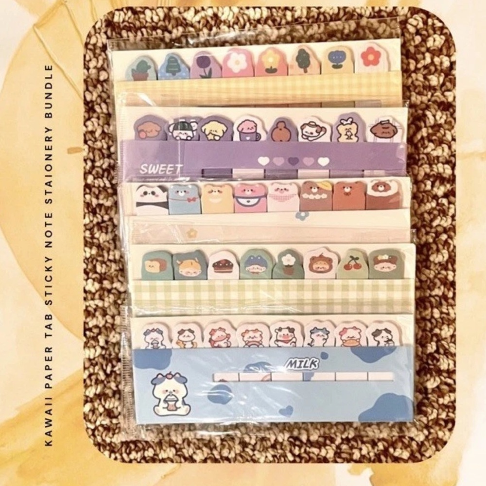 NWT🎉 Hongxu set of 5 kawaii sticky note tabs — bakery, gingham, bears, animals